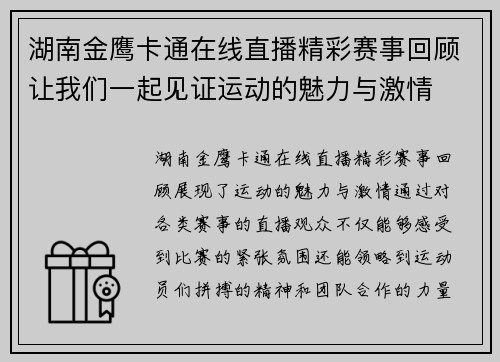 湖南金鹰卡通在线直播精彩赛事回顾让我们一起见证运动的魅力与激情